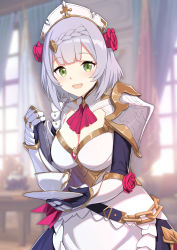 Rule 34 | 1girl, alternate breast size, armor, breasts, cup, genshin impact, gloves, green eyes, highres, holding, holding cup, large breasts, maid, maid headdress, noelle (genshin impact), ochiaki, short hair, silver hair, smile, solo, teacup, upper body, white gloves