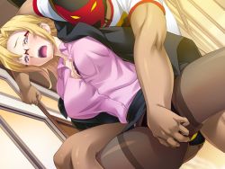 Rule 34 | 1girl, blonde hair, blush, breasts, cleavage, fingering, formal, game cg, glasses, hentai mask seigi no mikata wa t-back.tte aho na!, large breasts, legs, long hair, mask, office lady, open mouth, panties, pantyhose, rape, red eyes, sameda koban, skirt, spread legs, standing, suit, sweat, thighs, underwear, upskirt
