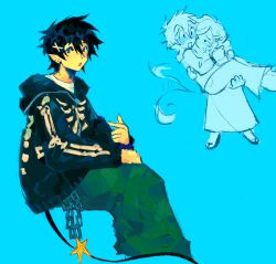 Rule 34 | 1boy, 1girl, :o, ao no exorcist, black hair, black jacket, blue background, blush, carrying, carrying person, chain, dress, green pants, hair ornament, highres, jacket, meltinii, moriyama shiemi, okumura rin, open mouth, pants, pointy ears, sitting, skeleton print, smile, tail, x hair ornament