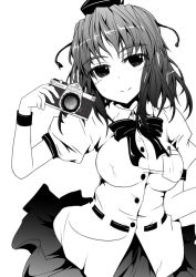 Rule 34 | 1girl, breasts, camera, female focus, greyscale, hat, large breasts, looking at viewer, md5 mismatch, monochrome, shameimaru aya, smile, solo, tano, tano no, tokin hat, touhou