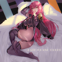 Rule 34 | 1girl, ass, bed, bodysuit, breasts, copyright name, fate/grand order, fate (series), feet, full body, grandia lee, hair between eyes, highres, large breasts, lips, long hair, looking at viewer, pillow, pink eyes, pink hair, scathach (fate), scathach (fate), sidelocks, solo