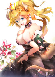 Rule 34 | 1girl, :d, armlet, bare shoulders, black collar, black dress, black nails, blonde hair, borrowed design, bowser, bowsette, bracelet, breasts, cleavage, collar, commentary, crown, dress, earrings, english commentary, from side, gender request, genderswap, hair between eyes, highres, holding, holding clothes, holding dress, horns, jewelry, large breasts, mario (series), nail polish, new super mario bros. u deluxe, nintendo, open mouth, piranha plant, plant, pointy ears, ponytail, sharp teeth, smile, solo, spiked armlet, spiked bracelet, spiked collar, spiked shell, spiked tail, spikes, strapless, strapless dress, suoni (deeperocean), super crown, tail, teeth, transformation, turtle shell