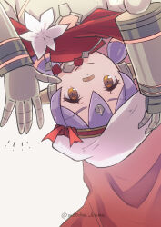 Rule 34 | 1girl, arms up, brown eyes, cape, closed mouth, commentary request, flower, grey background, highres, low twintails, poppi (xenoblade), purple hair, red cape, simple background, smile, solo, twintails, twitter username, upper body, upside-down, white flower, white headwear, xenoblade chronicles (series), xenoblade chronicles 2, yanagimachi