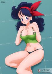 Rule 34 | 1girl, black hair, black panties, blue eyes, blush, breasts, cleavage, collarbone, dragon ball, dragon ball (classic), embarrassed, green shirt, hairband, hands on own chest, large breasts, long hair, looking to the side, lunch (dragon ball), lying, midriff, navel, open mouth, panties, shirt, tank top, underwear, zel-sama