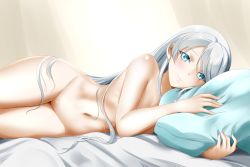 Rule 34 | 1girl, absurdres, bed sheet, blue eyes, breasts, cleavage, cleft of venus, closed mouth, collarbone, completely nude, hair down, highres, huge filesize, kimmy77, long hair, looking at viewer, lying, navel, nude, on side, pillow, pussy, rwby, scar, scar across eye, scar on face, shiny skin, silver hair, small breasts, smile, solo, straight hair, swept bangs, uncensored, very long hair, weiss schnee, white background