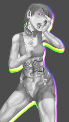 Rule 34 | 1girl, absurdres, armpits, bad id, bad nicoseiga id, bare shoulders, breasts, chain, collar, collarbone, cookie (touhou), cowboy shot, earrings, grey eyes, grey hair, hand on own face, highres, jewelry, kofji (cookie), labor, looking at viewer, midriff, monochrome, navel, open mouth, panties, panty peek, psychedelic, short hair, shorts, small breasts, sports bra, tagme, tattoo, tongue, tongue out, underwear