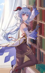 Rule 34 | absurdres, ahoge, arm up, bare shoulders, black gloves, black legwear, blue hair, blush, bodysuit, book, bookshelf, breasts, chinese clothes, closed mouth, covered erect nipples, curtains, detached sleeves, foot out of frame, from side, ganyu (genshin impact), genshin impact, gloves, goat horns, gold trim, hand up, highres, horns, indoors, large breasts, leaning on object, light blue hair, lixiang guo alice, long hair, looking at viewer, purple eyes, solo, standing, standing on one leg, tassel, thighs, window