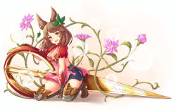 Rule 34 | 10s, 1girl, animal ears, backless outfit, boots, breasts, brown hair, cleavage, cleavage cutout, clothing cutout, erune, flower, granblue fantasy, hair ornament, la coiffe (granblue fantasy), leaf hair ornament, pensuke, scissors, smile, solo, thigh boots, thighhighs