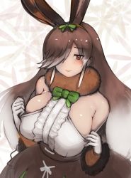 Rule 34 | 1girl, alternate breast size, animal ears, bare shoulders, blush, bow, bowtie, breasts, brown eyes, brown hair, center frills, clothes pull, detached sleeves, european hare (kemono friends), extra ears, eyes visible through hair, frills, furrowed brow, furry, gloves, hair over one eye, hands up, highres, huge breasts, kemono friends, long bangs, long hair, looking at viewer, multicolored hair, parted bangs, parted lips, pulling own clothes, rabbit ears, seductive smile, shibori kasu, shirt, sidelocks, sketch, skindentation, skirt, smile, solo, teasing, two-tone hair, upper body, very long hair, white hair