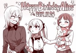 Rule 34 | !?, 3girls, bandages, bandaid, bandaid on face, blouse, blush, boko (girls und panzer), bow, bowtie, character name, closed eyes, clothes grab, collared shirt, commentary, dated, dress shirt, english text, frown, girls und panzer, greyscale, hair ribbon, happy birthday, high-waist skirt, holding, holding stuffed toy, hone (honehone083), insignia, itsumi erika, kuromorimine school uniform, long hair, long sleeves, looking at another, looking back, medium hair, monochrome, multiple girls, neckerchief, nishizumi miho, one side up, ooarai school uniform, open mouth, party popper, pleated skirt, pointing, ribbon, school uniform, serafuku, shimada arisu, shirt, short hair, skirt, smile, sparkle, spot color, standing, star (symbol), stuffed animal, stuffed toy, suspender skirt, suspenders, sweatdrop, teddy bear, twitter username, v-shaped eyebrows