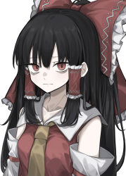 Rule 34 | 1girl, absurdres, ascot, bags under eyes, bare shoulders, black hair, bow, breasts, closed mouth, collarbone, detached sleeves, expressionless, frilled bow, frilled hair tubes, frills, hair bow, hair tubes, hakurei reimu, highres, hisha (kan moko), light blush, long hair, looking at viewer, medium breasts, red bow, ribbon-trimmed sleeves, ribbon trim, simple background, solo, touhou, very long hair, white background