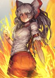 Rule 34 | 1girl, absurdres, arm strap, ass, blunt bangs, bow, breast pocket, breasts, chanta (ayatakaoisii), collared shirt, expressionless, fire, fire, floating hair, fujiwara no mokou, grey background, grey hair, hair bow, hand up, highres, huge filesize, light particles, long hair, looking at viewer, looking back, medium breasts, nose, pants, pocket, ponytail, red eyes, red pants, shirt, sidelocks, simple background, solo, suspenders, thick thighs, thighs, torn clothes, torn sleeves, touhou, white shirt
