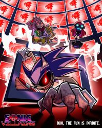 Rule 34 | 1girl, 4boys, black sclera, blood on hands, claws, closed eyes, colored sclera, english text, gloves, highres, holding, holding toy, looking at viewer, majin sonic, miitoons, multiple boys, open mouth, orbot, red eyes, rosy the rascal, sharp teeth, smile, sonic.exe, sonic.exe (character), sonic (series), sonic the hedgehog, sonic the hedgehog (archie comics), sonic villains, tails doll, teeth, television, tongue, toy, white gloves, x (sonic villains)