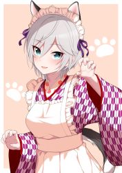 Rule 34 | 1girl, absurdres, anastasia (idolmaster), animal ears, apron, blue eyes, blush, border, breasts, cat ears, cat tail, eyelashes, go-1, hair between eyes, highres, idolmaster, idolmaster cinderella girls, japanese clothes, kimono, long hair, long sleeves, looking at viewer, maid headdress, medium breasts, open mouth, paw pose, paw print, pink background, purple kimono, silver hair, smile, solo, tail, white border, wide sleeves