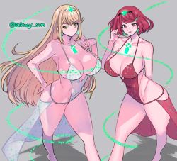 Rule 34 | 2girls, :d, blonde hair, breasts, cleavage, closed mouth, dress, earrings, glowing, grey background, hair between eyes, hair ornament, highres, jewelry, long hair, looking at viewer, multiple girls, mythra (xenoblade), open mouth, pyra (xenoblade), red dress, red eyes, red hair, shadow, short hair, simple background, sleeveless, sleeveless dress, smile, standing, subway sum, tiara, white dress, xenoblade chronicles (series), xenoblade chronicles 2, yellow eyes