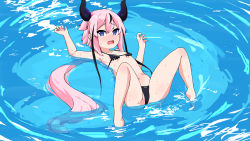 Rule 34 | 1other, absurdres, bikini, black bikini, blue eyes, blush, breasts, commission, demon horns, ears, feet, flat chest, highres, horns, looking at viewer, meika hime, open mouth, pink hair, ponytail, pruzhka (wardi113), short hair, simple background, small breasts, swimsuit, thighs, toes, vocaloid, water