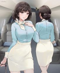 Rule 34 | 1girl, airplane interior, artist name, ass, blush, brown eyes, brown hair, chowbie, curtains, flight attendant, hair tie, highres, looking at viewer, luggage, original, pantyhose, pantylines, parted lips, pencil skirt, rolling suitcase, scar, scarf, seat, short hair, sidelocks, skirt, suitcase, travel attendant
