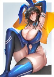 Rule 34 | 1girl, armpits, black hair, blue background, boots, border, borrowed character, bow, bowtie, breasts, brick (atelier brick), cleavage, clothing cutout, commission, detached collar, elbow gloves, feet out of frame, female focus, flag, genderswap, genderswap (mtf), gloves, hair over one eye, highres, large breasts, leotard, long bangs, navel cutout, original, outside border, pixiv commission, playboy bunny, rabbit tail, simple background, solo, tail, thick thighs, thigh boots, thighs, white border, yellow eyes