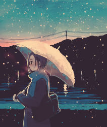 Rule 34 | 1girl, asymmetrical bangs, bag, blue scarf, blush, breath, brown eyes, brown hair, coat, from side, holding, holding umbrella, matching hair/eyes, morifumi, original, outdoors, parted lips, power lines, profile, scarf, school bag, silhouette, snow, snowing, solo, sunset, umbrella, water
