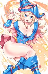 Rule 34 | 1girl, arms behind head, artist name, ass, bare legs, bare shoulders, blonde hair, blue dress, blue eyes, blue footwear, boots, breasts, capelet, cleavage, collar, commentary, dark magician girl, dress, duel monster, happy, hat, highres, huge ass, kenron toqueen, knee boots, large breasts, long hair, looking at viewer, magical girl, open mouth, pentacle, polka dot, polka dot background, shiny clothes, shiny skin, short dress, signature, simple background, smile, star (symbol), strapless, strapless dress, thighs, vambraces, wide hips, wizard hat, yu-gi-oh!, yu-gi-oh! duel monsters
