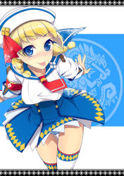 Rule 34 | 1girl, ascot, blonde hair, blue eyes, blush, braid, capcom, clothes lift, dixie cup hat, hat, military hat, miniskirt, monster hunter, monster hunter (series), monster hunter 3 g, panties, pantyshot, pochi (pochi-goya), quest receptionist (monster hunter 3 ultimate), sailor, skirt, solo, striped clothes, striped panties, thighhighs, twin braids, underwear