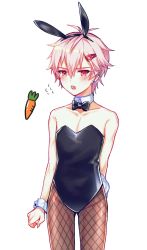 Rule 34 | 1boy, afterl!fe, animal ears, blush, carrot, crossdressing, fake animal ears, highres, hwaen, male focus, male playboy bunny, open mouth, pink eyes, pink hair, rabbit ears, rabbit tail, short hair, sian (afterl!fe), solo, tail, white background