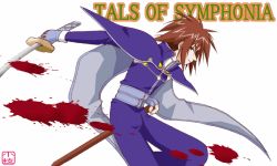 Rule 34 | 00s, 1boy, belt, blood, bodysuit, brown eyes, brown hair, english text, engrish text, fingerless gloves, gloves, kratos aurion, male focus, profile, ranguage, sae (pixiv11104), short hair, simple background, solo, spiked hair, sword, tales of (series), tales of symphonia, text focus, typo, weapon