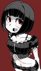 Rule 34 | 1girl, ayame hashinimasen, blunt bangs, midriff, monochrome, multiple monochrome, navel, open mouth, original, perspective, red background, red eyes, short sleeves, shorts, simple background, solo, stitches, tank top