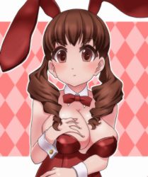 Rule 34 | 1girl, animal ears, argyle, argyle background, argyle clothes, bare shoulders, blush, bow, bowtie, breasts, brown eyes, brown hair, checkered background, cleavage, deep skin, extra, fake animal ears, female focus, k-on!, landolt tamaki, large breasts, leotard, long hair, playboy bunny, rabbit ears, solo, twintails, wakaouji ichigo, wrist cuffs