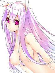Rule 34 | 1girl, animal ears, bad id, bad pixiv id, breasts, female focus, large breasts, light purple hair, long hair, looking at viewer, nipples, nude, purple eyes, rabbit ears, reisen udongein inaba, simple background, solo, touhou, upper body, white background, yutazou
