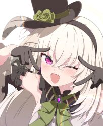 1girl ;d absurdres ascot bare_shoulders black_gloves black_hairband black_hat blue_archive blush close-up commentary crossed_bangs double_v flower gloves green_ascot green_flower green_rose grey_hair hair_between_eyes hairband half_gloves hands_up happy hat hat_feather hat_flower highres idol kame_(nokonoko10271) lens_flare long_hair looking_at_viewer official_alternate_costume one_eye_closed open_mouth purple_eyes rose sakurako_(blue_archive) sakurako_(idol)_(blue_archive) simple_background smile solo top_hat tsurime v v-shaped_eyebrows v_over_eye white_background