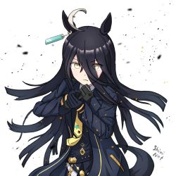 Rule 34 | 1girl, absurdres, ahoge, aiming, aiming at viewer, animal ears, artist name, belt, black coat, black gloves, black hair, closed mouth, coat, commentary request, cowboy shot, debris, earrings, frown, gloves, gun, hair between eyes, handgun, highres, holding, holding gun, holding weapon, horse ears, horse girl, horse tail, jewelry, john wick, long hair, long sleeves, looking at viewer, manhattan cafe (umamusume), multicolored hair, necktie, parody, photo-referenced, pistol, shini net, single earring, solo, streaked hair, tail, trigger discipline, umamusume, v-shaped eyebrows, weapon, white background, yellow necktie