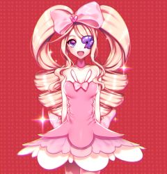 Rule 34 | 10s, 1girl, bad id, bad pixiv id, blonde hair, blue eyes, bow, dress, drill hair, eyepatch, hair bow, harime nui, kill la kill, long hair, open mouth, pink bow, pink dress, smile, solo, strapless, strapless dress, tanjel, twin drills, twintails