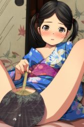 Rule 34 | 1girl, absurdres, black hair, blue kimono, blush, covering privates, covering crotch, feet out of frame, floral print, hand fan, highres, holding, holding fan, indoors, japanese clothes, kimono, knees up, looking at viewer, matsunaga kouyou, no panties, nose blush, obi, off shoulder, original, paper fan, parted bangs, parted lips, print kimono, sash, sliding doors, solo, spread legs, uchiwa