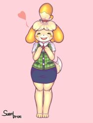 Rule 34 | 1girl, animal crossing, animal ears, animal hands, artist name, bell, blonde hair, blue skirt, blush stickers, breasts, buck teeth, closed eyes, collarbone, dog ears, dog girl, dog tail, female focus, full body, furry, furry female, green vest, hair bell, hair ornament, hair tie, hands on own chest, hands up, happy, heart, highres, isabelle (animal crossing), jingle bell, jpeg artifacts, legs together, miniskirt, neck ribbon, nintendo, open mouth, pencil skirt, pink background, plaid, plaid vest, red ribbon, ribbon, shirt, short hair, short sleeves, signature, simple background, skirt, small breasts, smile, solo, standing, suenbroe, tail, teeth, topknot, vest, white shirt
