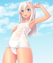 Rule 34 | 1girl, absurdres, blonde hair, blue eyes, blue sky, breasts, cameltoe, cloud, covered erect nipples, cowboy shot, day, flower, from below, hair between eyes, hair flower, hair ornament, hand on own hip, highres, kantai collection, long hair, nipples, old school swimsuit, one-piece swimsuit, outdoors, ro-500 (kancolle), school swimsuit, sky, small breasts, solo, standing, swimsuit, takafumi, tan, thighs, white one-piece swimsuit, wide hips