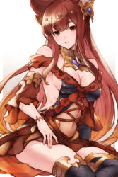 Rule 34 | 1girl, animal ears, anthuria, bad id, bad pixiv id, bare shoulders, black thighhighs, bracelet, breasts, cleavage, commentary request, detached sleeves, dress, erune, granblue fantasy, hair ornament, highres, jewelry, koretsuki azuma, long hair, looking at viewer, medium breasts, navel, parted lips, red eyes, red hair, sitting, solo, thighhighs, thighs, very long hair, white background