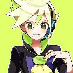 Rule 34 | 1boy, aria pkmn, ascot, blonde hair, collarbone, commentary request, creatures (company), curtis (pokemon), game freak, green background, green eyes, green hair, grin, hair between eyes, hand up, headset, highres, looking at viewer, male focus, mole, mole under mouth, multicolored hair, nintendo, pokemon, pokemon bw2, simple background, smile, solo, upper body, yellow ascot