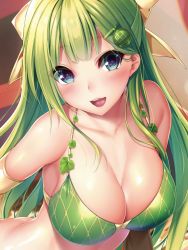 Rule 34 | 1girl, :d, alternate hairstyle, armlet, armpits, bare shoulders, bikini, blue eyes, blunt bangs, blush, bow, breasts, cleavage, close-up, collarbone, food-themed hair ornament, green bikini, green hair, hair bow, hair ornament, head tilt, large breasts, leaf, long hair, looking at viewer, melon-chan, melon hair ornament, melonbooks, nironiro, open mouth, round teeth, smile, solo, straight hair, swimsuit, teeth, upper body, yellow bow
