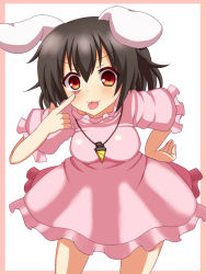 Rule 34 | 1girl, :3, akanbe, animal ears, bad id, bad pixiv id, bent over, black hair, breasts, core drill, dress, eyelid pull, framed, hand on own hip, haniwagi (hal), inaba tewi, jewelry, looking at viewer, necklace, petals, pink dress, pink skirt, rabbit ears, red eyes, short sleeves, skirt, solo, tongue, tongue out, touhou
