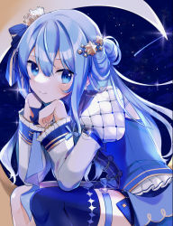 Rule 34 | 1girl, absurdres, blue eyes, blue hair, blush, comet, crescent moon, crown, gloves, hair ornament, hair ribbon, highres, hololive, hoshimachi suisei, hoshimachi suisei (stellar into the galaxy), idol, juliet sleeves, long hair, long sleeves, looking at viewer, mini crown, moon, on crescent, puffy sleeves, ribbon, shinomiya shino (sinosino141), single glove, single thighhigh, sky, smile, solo, star (sky), star (symbol), star hair ornament, star in eye, starry background, starry sky, symbol in eye, thigh strap, thighhighs, virtual youtuber