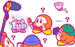 Rule 34 | 1up, ?, backwards hat, baseball cap, beanie, blush stickers, boom microphone, bow, bowtie, channel ppp, hat, jitome, kirby, kirby (series), microphone, nintendo, no humans, notepad, official art, simple background, video camera, waddle dee, white background