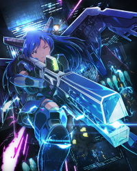 Rule 34 | 10s, 1girl, artist request, brown eyes, energy, gauntlets, headgear, idolmaster, idolmaster (classic), idolmaster million live!, kisaragi chihaya, long hair, magnetic weapon, mecha musume, mechanical wings, million live card, official art, one eye closed, railgun, sniping, solo, sparks, thighhighs, weapon, wings