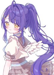 Rule 34 | 1girl, ahoge, amamiya kokoro, blue hair, blush, commentary request, dress, feathered wings, frilled dress, frills, grey skirt, hair intakes, hair ornament, high ponytail, highres, long hair, mini wings, mugichoco, nijisanji, puffy short sleeves, puffy sleeves, short sleeves, simple background, skirt, solo, virtual youtuber, white background, white wings, wings, x hair ornament, yellow eyes