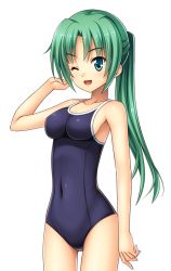 Rule 34 | 1girl, :d, ;d, blue one-piece swimsuit, breasts, collarbone, competition school swimsuit, covered navel, cowboy shot, green eyes, green hair, hand in own hair, higurashi no naku koro ni, kurosaki, long hair, medium breasts, one-piece swimsuit, one eye closed, open mouth, ponytail, rato, school swimsuit, shiny skin, sideboob, smile, sonozaki mion, sonozaki shion, standing, swimsuit, transparent background