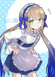 Rule 34 | 1boy, :o, alternate costume, apron, artist name, blue background, blue bow, blue dress, blue hair, blue hairband, blunt bangs, bow, captain nemo (fate), collared dress, cowboy shot, crossdressing, dress, enmaided, fate/grand order, fate (series), frilled apron, frilled headwear, frills, gradient hair, green eyes, hair bow, hairband, hands on own hips, leaning forward, light blush, light brown hair, long hair, long sleeves, looking at viewer, low twintails, maid, maid day, maid headdress, multicolored hair, namino., nemo (fate), notice lines, parted lips, polka dot, polka dot background, short dress, trap, twintails, twitter username, very long hair, waist bow, white background, white bow