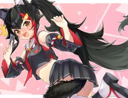 Rule 34 | 1girl, :3, animal ear fluff, animal ears, bell, between fingers, black hair, black shirt, blouse, blush, bow, breasts, card, detached sleeves, fangs, flipped hair, floral print, hair between eyes, hair ornament, highres, holding, holding card, hololive, jingle bell, kouhaku nawa, long hair, looking at viewer, midriff, multicolored hair, narita tamezou, navel, neckerchief, ookami mio, ookami mio (1st costume), open mouth, pleated skirt, red hair, red neckerchief, rope, sailor collar, sailor shirt, shimenawa, shirt, skirt, sleeveless, solo, streaked hair, surprised, tabi, tail, tail wrap, thighhighs, very long hair, virtual youtuber, wolf ears, wolf girl, wolf tail, yellow eyes