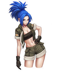 Rule 34 | 1girl, absurdres, blue eyes, blue hair, breasts, cleavage, closed mouth, commentary, ears visible through hair, gloves, green gloves, hand on own hip, highres, jungon kim, leona heidern, long hair, looking at viewer, medium breasts, midriff, navel, short sleeves, shorts, solo, standing, the king of fighters, thighs