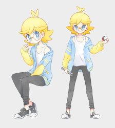 Rule 34 | 1boy, akasaka (qv92612), blonde hair, blue jacket, blush, bright pupils, clemont (pokemon), closed mouth, commentary request, creatures (company), game freak, glasses, grey background, grey eyes, hand up, highres, holding, holding poke ball, holding wrench, jacket, long sleeves, looking at viewer, male focus, nintendo, no pupils, open clothes, open jacket, pants, poke ball, poke ball (basic), pokemon, pokemon xy, shirt, shoes, short hair, simple background, sneakers, white pupils, white shirt, wrench