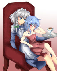 Rule 34 | 2girls, alternate costume, apron, arm behind head, armpits, blue eyes, blue hair, blush, braid, chair, crossed legs, dress, facing away, food, frown, gradient background, highres, izayoi sakuya, long sleeves, looking at another, maid apron, maid headdress, multiple girls, no wings, pudding, red dress, red eyes, remilia scarlet, short hair, silver hair, simple background, sinkai, sitting, sitting on lap, sitting on person, smile, strap slip, sundress, touhou, tray, twin braids
